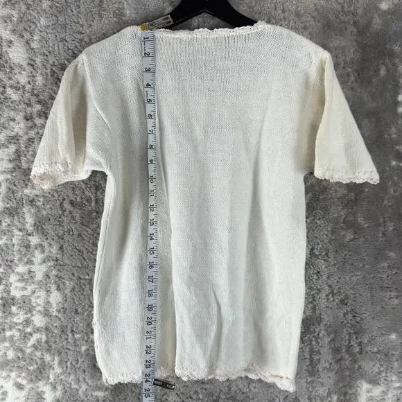 Yarnworks Size S Floral Embroidered Knit Top Ivory Short Sleeve Button - Picture 3 of 7